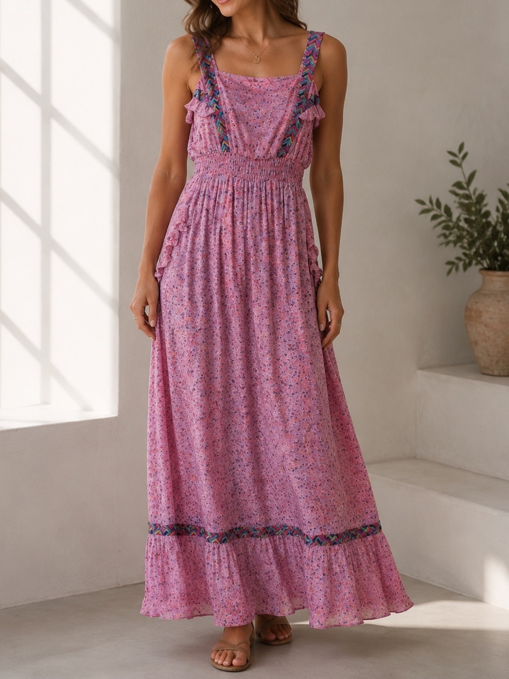 I Heart Ronson Pink Floral Maxi Dress with Multicolor Straps